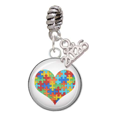 Silver Plated Domed Puzzle Piece Heart - Silver Plated Twist Rope Bead Charm Dangle with Mini Year 2026: Year to Remember Jewelry Gift - Celebrations
