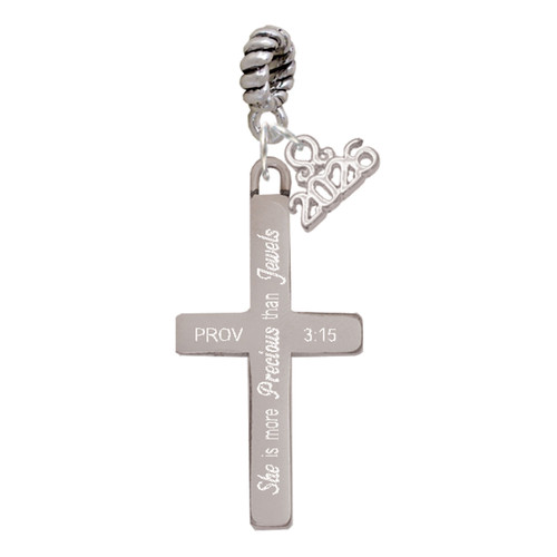 Stainless Steel Proverbs 3:15 - She is Precious Engraved Cross - Silver Plated Twist Rope Bead Charm Dangle with Mini Year 2026: Year to Remember Jewelry Gift - Celebrations