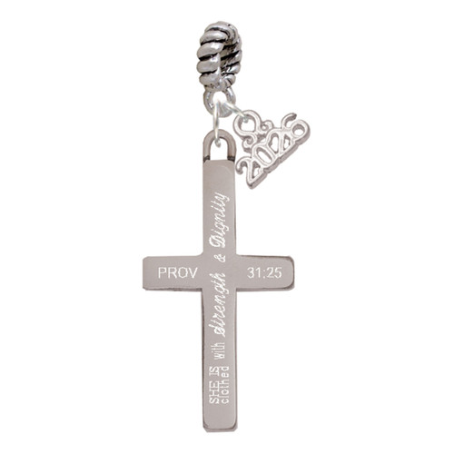 Stainless Steel Proverbs 31:25 - She is Clothed Engraved Cross - Silver Plated Twist Rope Bead Charm Dangle with Mini Year 2026: Year to Remember Jewelry Gift - Celebrations