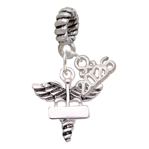 Silver Plated Engravable Caduceus - Silver Plated Twist Rope Bead Charm Dangle with Mini Year 2026: Year to Remember Jewelry Gift - Celebrations