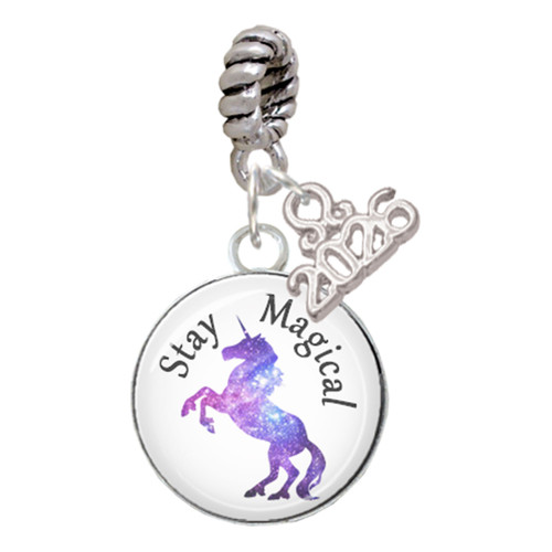Silver Plated Domed Stay Magical Unicorn - Silver Plated Twist Rope Bead Charm Dangle with Mini Year 2026: Year to Remember Jewelry Gift - Celebrations