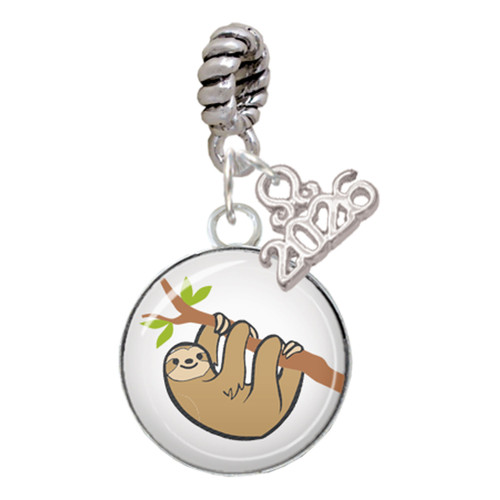 Silver Plated Domed Sloth - Silver Plated Twist Rope Bead Charm Dangle with Mini Year 2026: Year to Remember Jewelry Gift - Celebrations