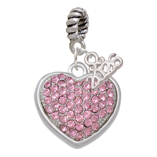 Silver Plated Large Rounded Light Pink Oktant Crystal Heart - Silver Plated Twist Rope Bead Charm Dangle with Mini Year 2026: Year to Remember Jewelry Gift - Celebrations