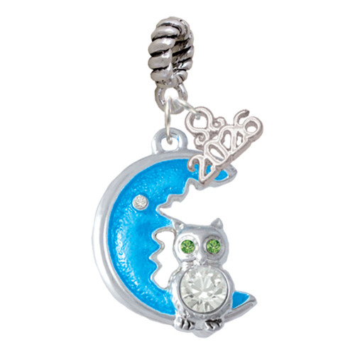 Silver Plated Large Clear Crystal Owl on Hot Blue Moon - Silver Plated Twist Rope Bead Charm Dangle with Mini Year 2026: Year to Remember Jewelry Gift - Celebrations