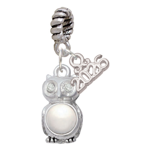 Silver Plated 3-D Imitation Pearl & Clear Crystal Owl - Silver Plated Twist Rope Bead Charm Dangle with Mini Year 2026: Year to Remember Jewelry Gift - Celebrations