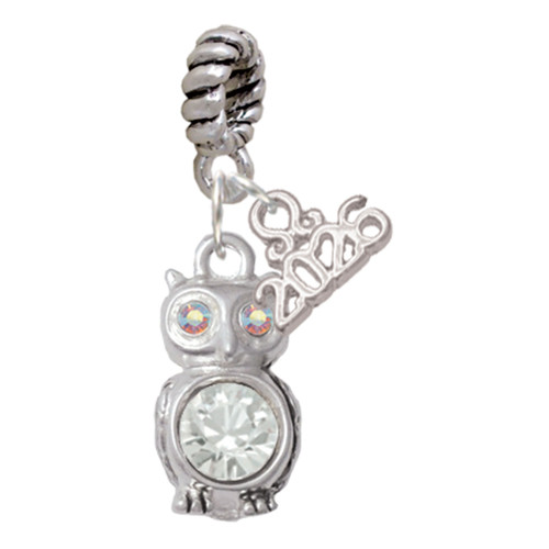 Silver Plated 3-D Clear AB Crystal Owl - Silver Plated Twist Rope Bead Charm Dangle with Mini Year 2026: Year to Remember Jewelry Gift - Celebrations