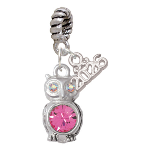 Silver Plated 3-D Hot Pink & AB Crystal Owl - Silver Plated Twist Rope Bead Charm Dangle with Mini Year 2026: Year to Remember Jewelry Gift - Celebrations