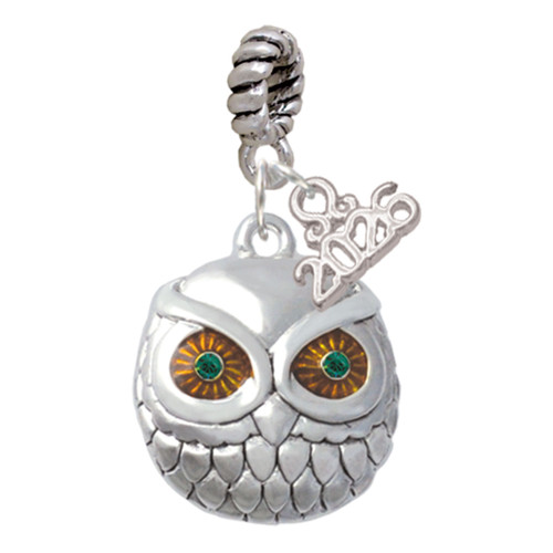 Silver Plated Large Round Owl with Green Crystal Eyes - Silver Plated Twist Rope Bead Charm Dangle with Mini Year 2026: Year to Remember Jewelry Gift - Celebrations