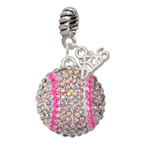 Silver Plated Large Super Sparkle Crystal Pink AB Softball - Silver Plated Twist Rope Bead Charm Dangle with Mini Year 2026: Year to Remember Jewelry Gift - Celebrations