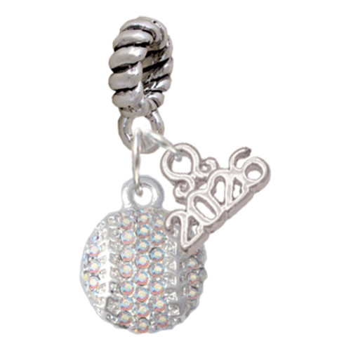 Silver Plated Small Sparkle Clear AB Softball - Silver Plated Twist Rope Bead Charm Dangle with Mini Year 2026: Year to Remember Jewelry Gift - Celebrations