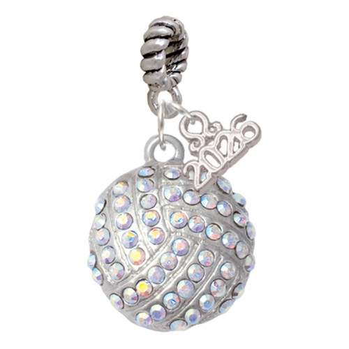 Silver Plated Large Super Sparkle Crystal Clear AB Volleyball - Silver Plated Twist Rope Bead Charm Dangle with Mini Year 2026: Year to Remember Jewelry Gift - Celebrations