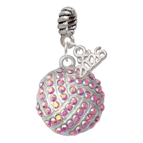 Silver Plated Large Super Sparkle Crystal Pink AB Volleyball - Silver Plated Twist Rope Bead Charm Dangle with Mini Year 2026: Year to Remember Jewelry Gift - Celebrations