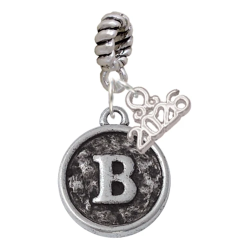 Silver Plated Antiqued Round Seal - Initial - B - Silver Plated Twist Rope Bead Charm Dangle with Mini Year 2026: Year to Remember Jewelry Gift - Celebrations