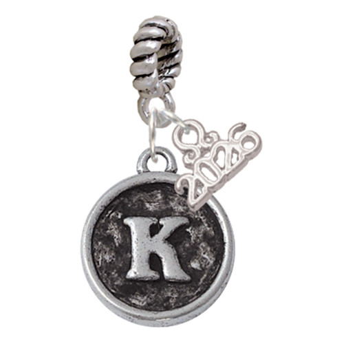 Silver Plated Antiqued Round Seal - Initial - K - Silver Plated Twist Rope Bead Charm Dangle with Mini Year 2026: Year to Remember Jewelry Gift - Celebrations