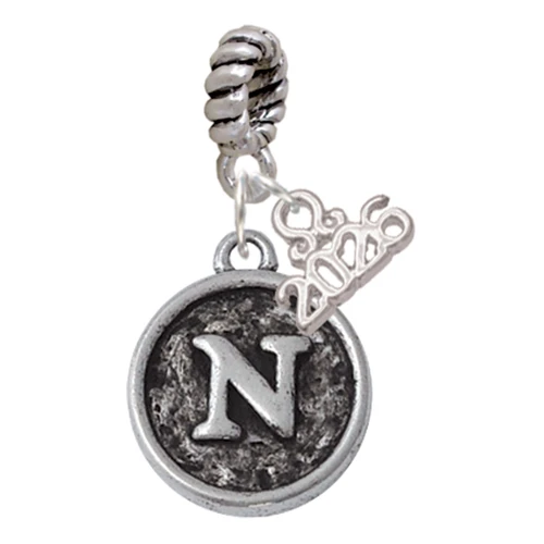Silver Plated Antiqued Round Seal - Initial - N - Silver Plated Twist Rope Bead Charm Dangle with Mini Year 2026: Year to Remember Jewelry Gift - Celebrations