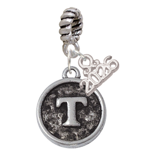 Silver Plated Antiqued Round Seal - Initial - T - Silver Plated Twist Rope Bead Charm Dangle with Mini Year 2026: Year to Remember Jewelry Gift - Celebrations