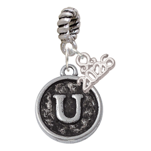 Silver Plated Antiqued Round Seal - Initial - U - Silver Plated Twist Rope Bead Charm Dangle with Mini Year 2026: Year to Remember Jewelry Gift - Celebrations