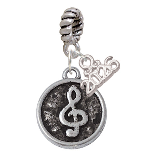 Silver Plated Antiqued Round Seal - Clef - Silver Plated Twist Rope Bead Charm Dangle with Mini Year 2026: Year to Remember Jewelry Gift - Celebrations