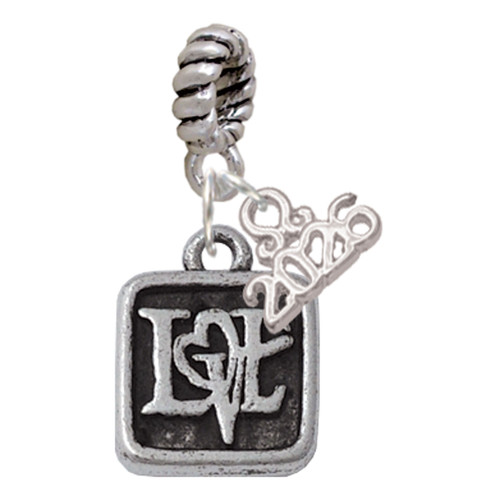 Silver Plated Antiqued Square Seal - Love with Heart - Silver Plated Twist Rope Bead Charm Dangle with Mini Year 2026: Year to Remember Jewelry Gift - Celebrations
