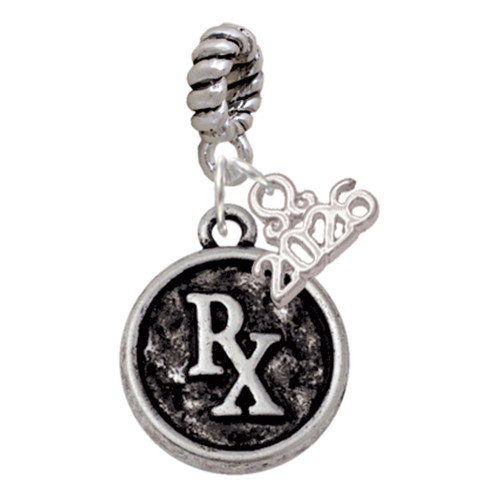 Silver Plated Medical Pharmacist Caduceus Seal - Rx - Silver Plated Twist Rope Bead Charm Dangle with Mini Year 2026: Year to Remember Jewelry Gift - Celebrations