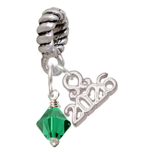 May - Green Crystal Bicone - Silver Plated Twist Rope Bead Charm Dangle with Mini Year 2026: Year to Remember Jewelry Gift - Celebrations