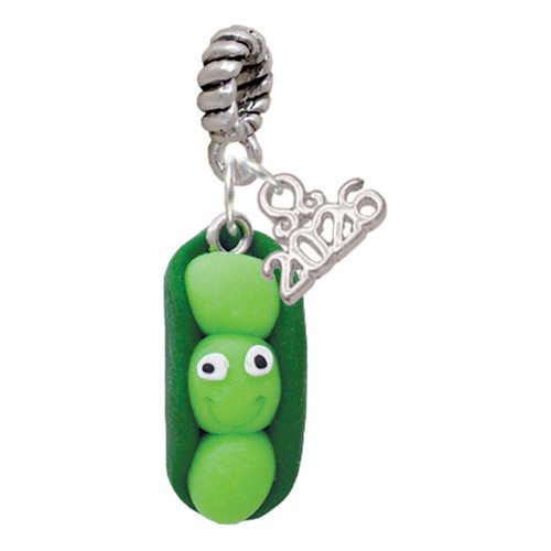 Fimo Clay Three Peas in a Pod - Silver Plated Twist Rope Bead Charm Dangle with Mini Year 2026: Year to Remember Jewelry Gift - Celebrations