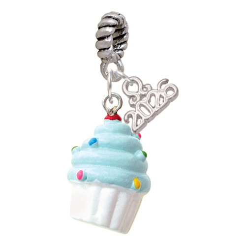 Resin White Cupcake with Blue Frosting - Silver Plated Twist Rope Bead Charm Dangle with Mini Year 2026: Year to Remember Jewelry Gift - Celebrations