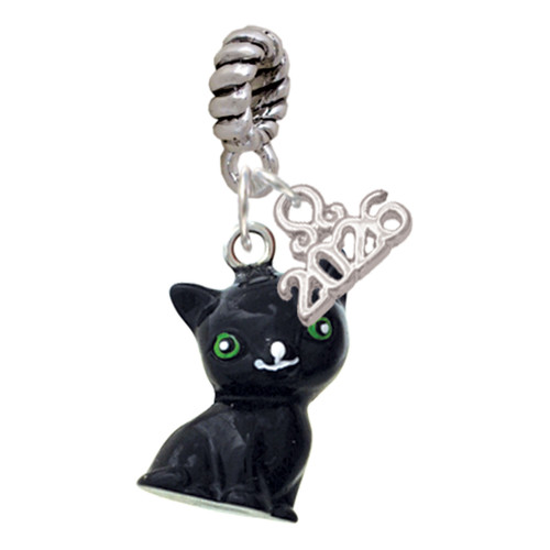 Resin Black Cat - Silver Plated Twist Rope Bead Charm Dangle with Mini Year 2026: Year to Remember Jewelry Gift - Celebrations