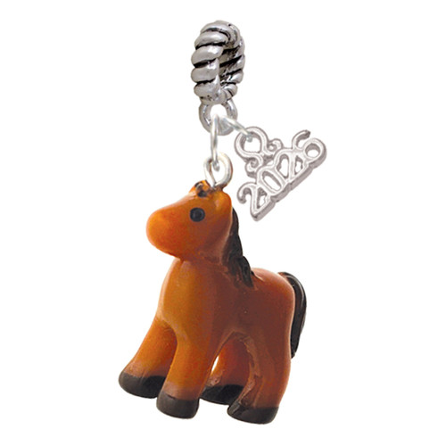 Resin Brown Pony - Silver Plated Twist Rope Bead Charm Dangle with Mini Year 2026: Year to Remember Jewelry Gift - Celebrations