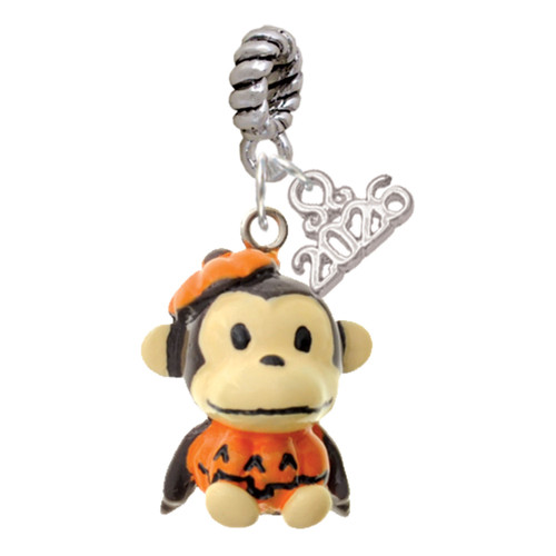 Resin Monkey in Pumpkin Costume - Silver Plated Twist Rope Bead Charm Dangle with Mini Year 2026: Year to Remember Jewelry Gift - Celebrations
