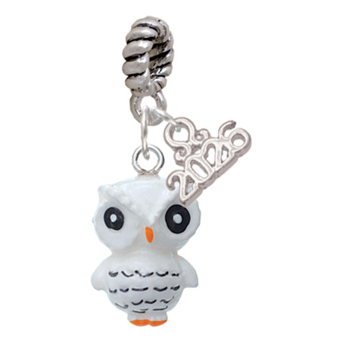 Resin White Snow Owl - Silver Plated Twist Rope Bead Charm Dangle with Mini Year 2026: Year to Remember Jewelry Gift - Celebrations