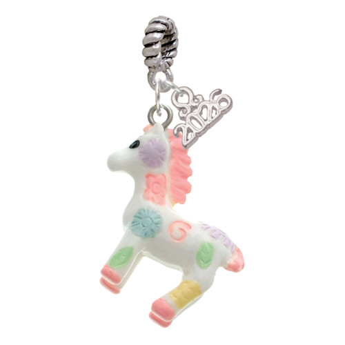 Resin Pastel Paint Pony - Silver Plated Twist Rope Bead Charm Dangle with Mini Year 2026: Year to Remember Jewelry Gift - Celebrations