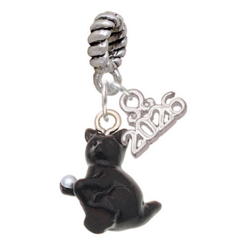 Resin Black Playing Cat - Silver Plated Twist Rope Bead Charm Dangle with Mini Year 2026: Year to Remember Jewelry Gift - Celebrations