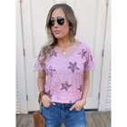 Haute Edition Women's Star Printed V-Neck Lace Trim Tee product image