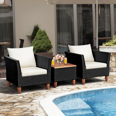 3-Piece Outdoor Patio Black Rattan Wood Chair Set with White Cushions product image