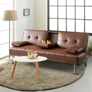 Convertible Folding Leather Futon Sofa with Cup Holders and Armrests product image