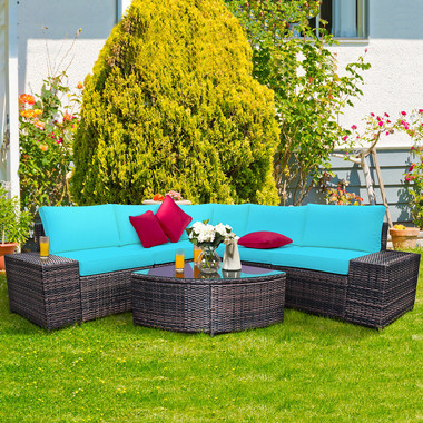 6-Piece Wicker Patio Sectional Sofa Set with Tempered Glass Coffee Table product image