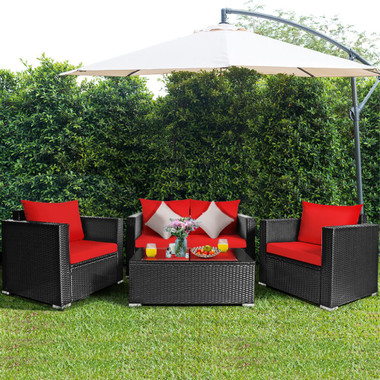 Rattan Outdoor 4-Piece Red Cushion Patio Set product image