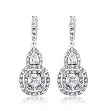 18K White Gold Plated 5TCW CZ Double Halo Drop Earrings product image