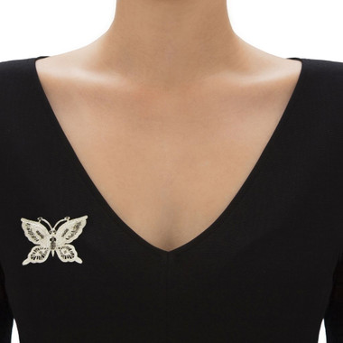 Silver-Tone Round Black Crystal Butterfly Pin product image