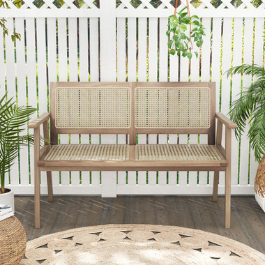 Outdoor Teak Wood Garden Bench with Armrests Rattan Backrest product image