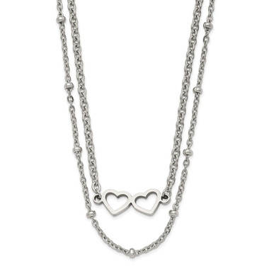 Stainless Steel Polished 2-Strand Double Heart Necklace with 1-Inch Extension product image