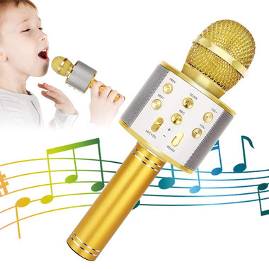 Wireless Bluetooth Kids Karaoke Microphone, 5 in 1 Portable Handheld Microphone with Adjustable Remix FM Radio for Boys Girls Birthday (Golden) product image