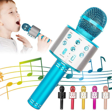 Wireless Bluetooth Kids Karaoke Microphone, 5 in 1 Portable Handheld Microphone with Adjustable Remix FM Radio for Boys Girls Birthday (Blue) product image
