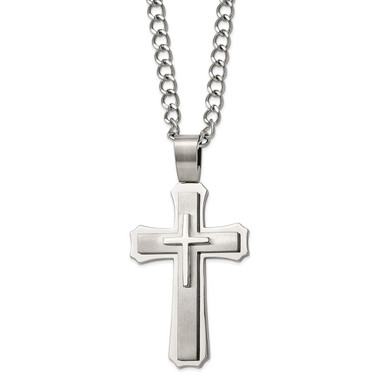 24in Stainless Steel Brushed and Polished Large Cross Necklace product image