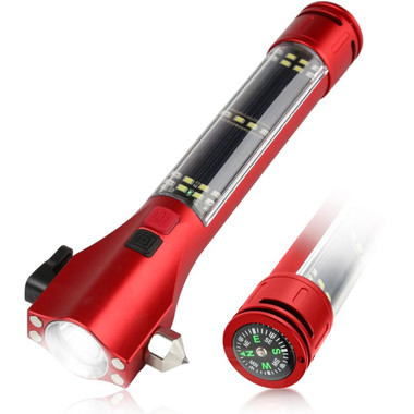 Car Safety Hammer Flashlight  LED High Lumens Rechargeable Solar Powered Escape Kit, Window Glass Breaker and Seatbelt Cutter(Red) product image