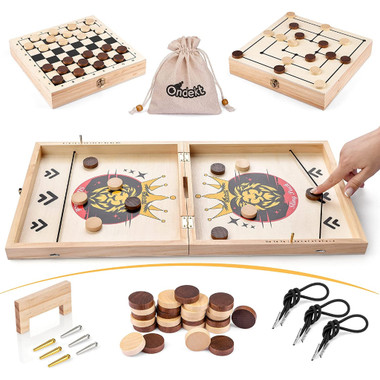 3-in-1 Foldable Wooden Board Game with Sling Puck, Nine Men's Morris, and Checkers product image