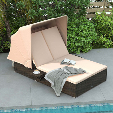 2-Person Rattan Lounge Bed with Retractable Canopy  product image