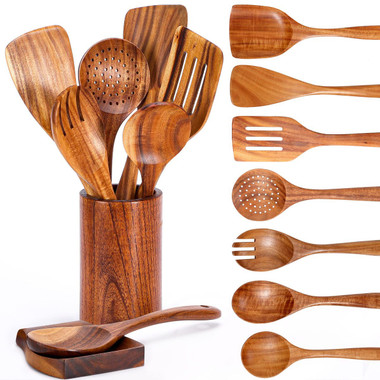 9 Piece Natural Teak Wooden Kitchen Utensil Set with Spoon Rest - Comfort Grip Cooking Spoons and Utensils Holder product image