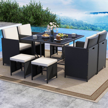  9-Piece Patio Dining Set with Tempered Glass Table and Ottoman product image